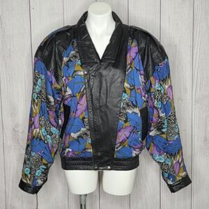 Vintage 1980s Bally of California Leather & Abstract Print Jacket, sz Medium